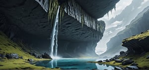 Ice fields, black rocks, moss, ice waterfalls, caves, huge caves,
(Masterpiece), ((Long Shot, Full Body Portrait)), ((Lee Allen Style Illustrations,)), Still Film, ((Real: 1.2)), Cinematic Lighting, Perfect Composition, Super Detailed, Full Body, Masterpiece, (Best Quality: 1.3), Reflections, Extremely Detailed CG Unity 8k Wallpapers, Detailed Backgrounds, Masterpieces, Best Quality, (Masterpieces), (Best Quality: 1.4), (Ultra High Resolution: 1.2), (Surrealism: 1.4), (Reality: 1.2), Best quality, High quality, High resolution, Eye-catching, Dramatic angle, Half side view, Top view,
