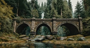 Forest, beautiful forest, rain, grass, rocks, cliffs, stone arch bridge with sculptures, beautiful stone bridge, epic movie style, masterpiece, perfect quality, exquisite details, real, clear, sharp, detailed, professional photos. (((comparison))), 8k, Ultra HD quality, cinematic look, cool tones,