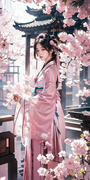 (Masterpiece, Top Quality, Best Quality, Official Art, Beauty and Aesthetic: 1.2), (1girl), Extremely Detailed, (Abstract, Fractal Art: 1.3), Supreme Detailed, Detailed Eyes, Light Particles, Hanfu, ( Pink Hanfu) jewelry, sexy, beautiful schoolgirl, a girl, wonderland background, architecture background,