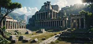 Post-apocalyptic ruins of ancient Greek city, ancient ruins, nature, landscape, remains of statues, architectural remains,

(Masterpiece), ((, Illustration Style,)) Still Film, ((Photorealistic: 1.2)), Cinematic Lighting, Perfect Composition, Super Detailed, Full Body, Masterpiece, (Best Quality: 1.3), Reflections, Extremely Detailed cg unity 8k wallpaper, detailed background, masterpiece, best quality, (masterpiece), (best quality: 1.4), (ultra high resolution: 1.2), (hyperrealistic: 1.4), (realistic: 1.2), most Best quality, high image quality, high resolution, ultra-realistic image quality, 8k, real rainforest, epic movie style,3l3ctronics