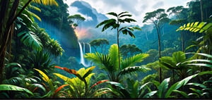 Rainforest, Nature, Beautiful Landscape (Masterpiece), ((, Illustration Style,)) Static Film, ((Realism: 1.2)), Cinematic Lights, Perfect Composition, Super Detailed, Full Body, Masterpiece, (Best Quality: 1.3), reflection, extremely detailed cg unity 8k wallpaper, detailed background, masterpiece, best quality, (masterpiece), (best quality: 1.4), (ultra high resolution: 1.2), (hyperrealistic: 1.4) , (realistic: 1.2), best quality, high quality, high resolution, hyper-realistic quality, 8k, real rainforest, epic movie style,