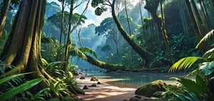 Tropical rainforest, huge trees, nature, beautiful scenery (masterpiece), ((, illustration style,)) static film, ((realism: 1.2)), cinematic lighting, perfect composition, super detailed, full body, masterpiece, ( best quality: 1.3), reflection, extremely detailed cg unity 8k wallpaper, detailed background, masterpiece, best quality, (masterpiece), (best quality: 1.4), (ultra high resolution: 1.2), (ultra Realistic: 1.4), (Realistic: 1.2), Best Quality, High Quality, High Resolution,