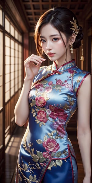 (Masterpiece, Top Quality, Best Quality, Official Art, Beauty and Aesthetic: 1.2), hdr, High Contrast, Wide Shot, Finger Detail, Background Detail, Ambient Lighting, Extreme Detail, Cinematic Shot, Realistic Illustration, (Soothing Tone: 1.3), (super detailed: 1.2), beautiful girl, cute and cute, cheongsam, silk cheongsam, ancient palace background, full body portrait,