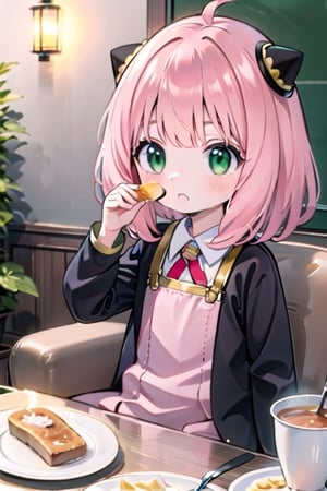 (masterpiece), best quality, 1 girl, nice hands, perfect hands, cuteloli, breakfast, school_uniform, Toast with butter, sitting chair, eating