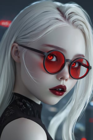 Mavelle, 1girl, pale skin, glowing eyes, red eyes, round glasses, tinted red glasses, white hair, detailed hair, glossy hair, closed mouth, lipstick, detailed, 4k, hd, masterpiece, 