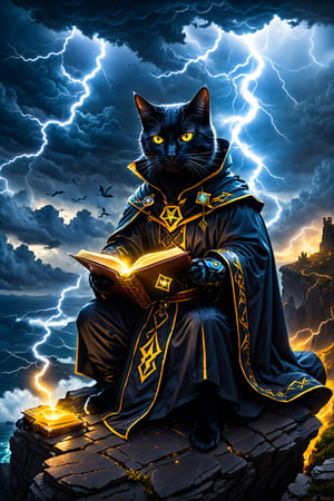 A majestic black cat mage, cloaked in mystical darkness, sits perilously on the edge of a windswept cliff. The stormy sky above crackles with electricity as yellow eyes gaze intently at the approaching tempest. In hand, the mage clutches an ancient grimoire, fiddling with arcane symbols as lightning flashes across the darkened clouds. Framed by the rugged landscape, this outdoor masterpiece is a photorealistic 8K wonder, worthy of the highest awards.