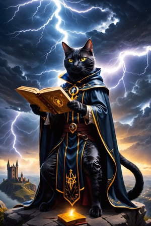 (side sitting on the edge of a cliff), a black cat mage wrapped in a cape, yellow eyes, fiddling with mistic symbols of a grimoire while lightning dances in the sky, outdoor, masterpiece, 8k, detailed, winning award, photo-realistic