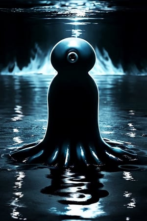 Ink creature, (faceless), hollowed eyeballs , slime, blob, black fluid, on the ground, (black ink), (big torso) , no head, long arms, no legs, no fingers, (water elemental), male, on the sewers 