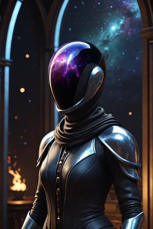 ParallelObserver, (colorgalaxy reflected on a reflexive helmet), metalic rim detailed helmet, 1girl, (leather long coat), scarf, [Renaissance themed], fantasy, front-view, upperbody, detailed, 3d render, unreal engine, colorgalaxy,disney pixar style