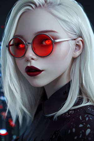 Mavelle, 1girl, pale skin, glowing eyes, red eyes, round glasses, tinted red glasses, white hair, detailed hair, glossy hair, closed mouth, lipstick, detailed, 4k, hd, masterpiece