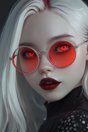 Mavelle, 1girl, pale skin, glowing eyes, red eyes, round glasses, tinted red glasses, white hair, detailed hair, glossy hair, closed mouth, lipstick, serious tone, zoom out, detailed, 4k, hd, masterpiece