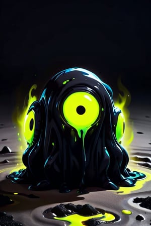 Ink creature, 1 bright glowing stone for an eye, 1eye,(faceless) , slime, blob, black fluid, on the ground, (black ink), big body, monster, black sand body