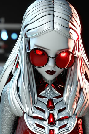 Mavelle, 1girl, pale skin, glowing eyes, red eyes, round glasses, tinted red glasses, white hair, detailed hair, glossy hair, closed mouth, lipstick, detailed, 4k, hd, masterpiece, 3D
