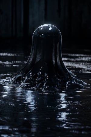 Ink creature, (faceless), slime, blob, black fluid, on the ground, (black ink), (big torso) , no head, long arms, no legs, no fingers, (water elemental), HD, 4k, detailed, surreal, human