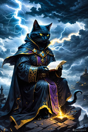 A majestic black cat mage, cloaked in mystical darkness, sits perilously on the edge of a windswept cliff. The stormy sky above crackles with electricity as yellow eyes gaze intently at the approaching tempest. In hand, the mage clutches an ancient grimoire, fiddling with arcane symbols as lightning flashes across the darkened clouds. Framed by the rugged landscape, this outdoor masterpiece is a photorealistic 8K wonder, worthy of the highest awards.