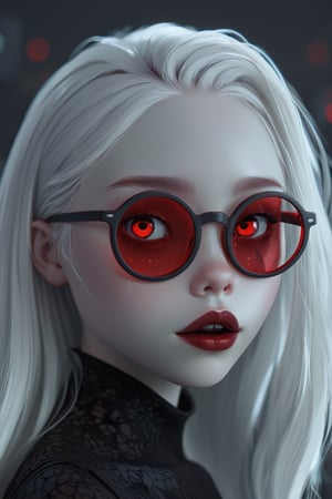 Mavelle, 1girl, pale skin, glowing eyes, red eyes, round glasses, tinted red glasses, white hair, detailed hair, glossy hair, closed mouth, lipstick, detailed, 4k, hd, masterpiece, 3D,disney pixar style
