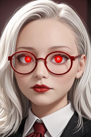 Mavelle, 1girl, pale skin, glowing eyes, red eyes, round glasses, tinted red glasses, white hair, detailed hair, glossy hair, closed mouth, lipstick, upper_body, detailed, 4k, hd, masterpiece