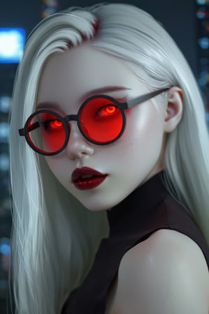 Mavelle, 1girl, pale skin, glowing eyes, red eyes, round glasses, tinted red glasses, white hair, detailed hair, glossy hair, closed mouth, lipstick, serious tone, upper_body, detailed, 4k, hd, masterpiece