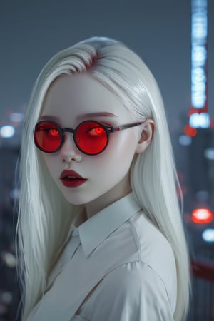 Mavelle, 1girl, pale skin, glowing eyes, red eyes, round glasses, tinted red glasses, white hair, detailed hair, glossy hair, closed mouth, lipstick, serious tone, upper_body, detailed, 4k, hd, masterpiece