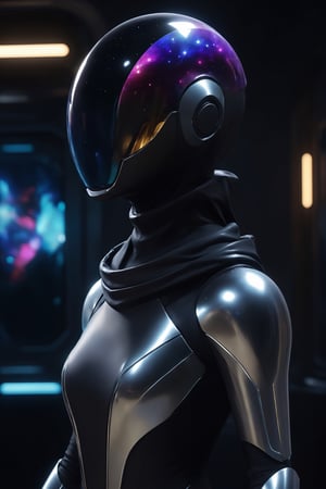 ParallelObserver, (colorgalaxy reflected on a reflexive helmet), metalic rim detailed helmet, sexy woman, (leather long coat), scarf, [Renaissance themed], fantasy, front-view, upperbody, detailed, 3d render, unreal engine, colorgalaxy,disney pixar style, 