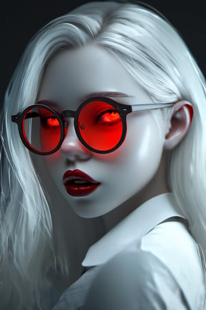Mavelle, 1girl, pale skin, glowing eyes, red eyes, round glasses, tinted red glasses, white hair, detailed hair, glossy hair, lipstick, full body, detailed, 4k, hd, unreal engine, 3D, realistic