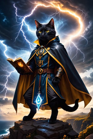(side sitting on the edge of a cliff), a black cat mage wrapped in a cape being carried by the wind, yellow eyes looking to a strorm, fiddling with mistic symbols of a grimoire while lightning dances in the sky, outdoor, masterpiece, 8k, detailed, winning award, photo-realistic