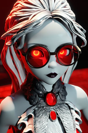 Mavelle, 1girl, pale skin, glowing eyes, red eyes, round glasses, tinted red glasses, white hair, detailed hair, glossy hair, lipstick, detailed, 4k, hd, masterpiece, 3D