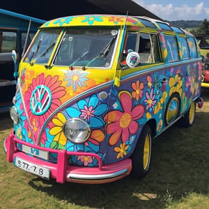 VW T1 Bulli Neonfarbene Blumen Hippy Style Peace