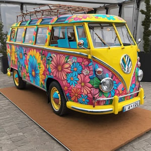 VW T1 Bulli Neonfarbene Blumen Hippy Style Peace, Meisterwerk, Realistisch, beste Qualität, photorealistic, hyperrealistisches, cinematic, LEGO Style ,4k,8k