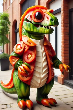 masterpiece, best quality, dinosaur wearing tmts coat, outdoor, UK residential street ,tmts