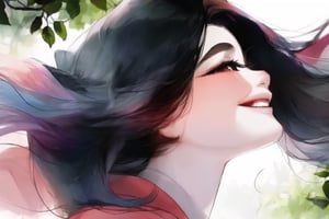 20 years old Asian woman,long hair,pink coat, early morning,focus on face,smile,Take a walk in the forest,The sun shines on her face through the leaves, and the breeze blows her hair,Look up to the sky,side view,(close up),YunQiuWaterColor