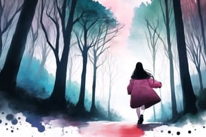20 years old Asian woman,long hair,pink coat, orange sky,dark,Take a walk in the forest,,YunQiuWaterColor