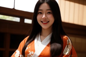 20 years old woman,long hair,light orange color kimono, laughing out loud, focus on face