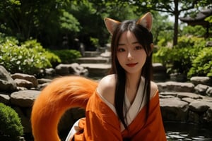 20 years old woman,long hair,orange color fox ears, orange color fox tail, nuded,  bright light,Japanese garden,looking_at_viewer,