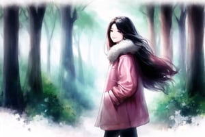 20 years old Asian woman,long hair,pink coat, early morning,focus on face,smile,Take a walk in the forest,,YunQiuWaterColor