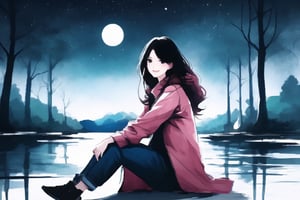 20 years old Asian woman,long hair,smile,pink coat,sit, night,Forest by the lake, starry sky, moon,YunQiuWaterColor