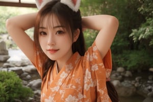 20 years old woman,long hair,orange color fox ears,light orange color kimono, dance pose,bright light,Japanese garden, bright light,Japanese garden,looking_at_viewer,