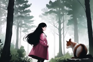 one 20 years old Asian woman,long hair,pink coat, early morning,forest,a squirrel on Tree,she look at squirrel ,YunQiuWaterColor