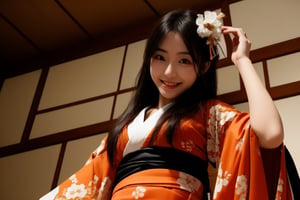 20 years old woman,long hair,light orange color kimono, Japanese style room,smile, dance, from below