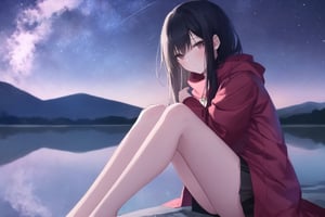 A young Asian woman sitting quietly on a blanket, hugging her knees, contemplating the beauty of nature and the wonders of life under the night sky. Reflective and serene mood,red jacket,pink scarf,