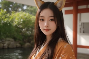 20 years old woman,long hair,orange color fox ears,light orange color kimono, bright light,Japanese garden, bright light,Japanese garden,looking_at_viewer,