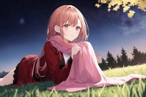 A young Asian woman arriving at an open grassy field at night, spreading a blanket on the ground, preparing to lie down and stargaze. Clear, starry sky above.red jacket,pink scarf,