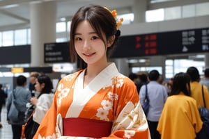 20 years old woman,light orange color kimono, airport,Shout happily to the camera,focus on face,