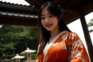 20 years old woman,long hair,light orange color kimono, bright light,Japanese garden,from below,looking_at_viewer,laughing out loud,focus on face