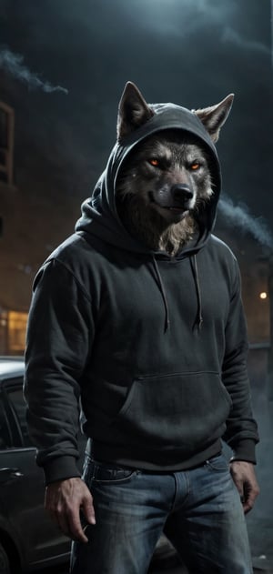 Create a demon wolf man in hoodie leaned on his car. wearing hoddie and jeans,hood covering his head , smoking , boots, city , outdoors, looking pissed, deep glowing eyes, high detailed,photo r3al,Movie Still,