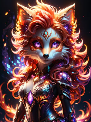 (cute flame foxy, flaming veins), purple, pink and blue tones, (masterpiece, best quality, ultra-detailed, best shadow), (detailed background,dark fantasy), (beautiful detailed face), high contrast, (best illumination, an extremely delicate and beautiful), ((cinematic light)), colorful, hyper detail, dramatic light, intricate details, (1girl, solo, red hair, sharp face, amber eyes, hair between eyes,dynamic angle), blood splatter, swirling black light around the character, depth of field, light particles,(broken glass),magic circle, (full body), Spirit Fox Pendant
