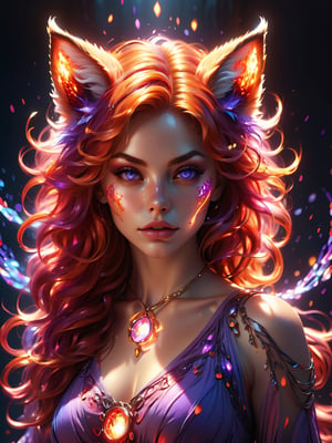 (cute flame foxy, flaming veins), purple, pink and blue tones, (masterpiece, best quality, ultra-detailed, best shadow), (detailed background,dark fantasy), (beautiful detailed face), high contrast, (best illumination, an extremely delicate and beautiful), ((cinematic light)), colorful, hyper detail, dramatic light, intricate details, (1girl, solo, red hair, sharp face, amber eyes, hair between eyes,dynamic angle), blood splatter, swirling black light around the character, depth of field, light particles,(broken glass),magic circle, (full body), Spirit Fox Pendant