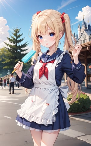 1girl,blonde,twintails,(solo:1.5),theme park.holding Popsicle
white apron,brown dress,(long sleeves:1.1),red neckchief,cccpuniform