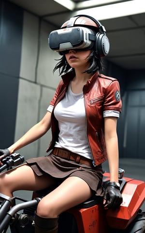 best quality, , (sci-fi:1.10), aphra riding a motorized vehicle, alone, jacket, glasses on head, brown helmet, black hair, short sleeves, microskirt,masterpiece Digital artwork, stylized, (Crimson theme:0.7) , Dutch angle shot of a Hideous Paradoxical French ([Virtual reality headsets:Sander:3]:1.3) , ,more detail XL
