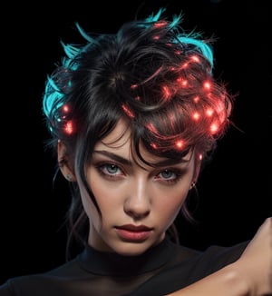 Extremely Realistic,photorealistic,(hairdress),transparent_background,.png , ((dark black hair)) ,dark environment ,dark red light from right , bright cyan light from top of head